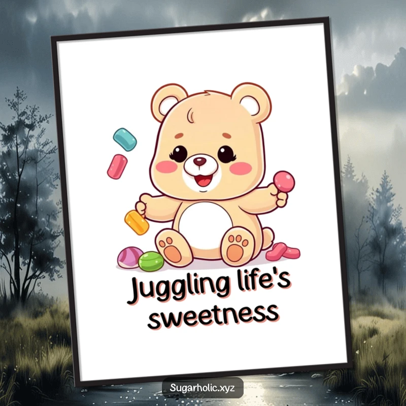 Funny Gummy Bear Poster: A gummy bear with a sticky grin attempts to juggle a pile of candies, its expression full of comical effort.
