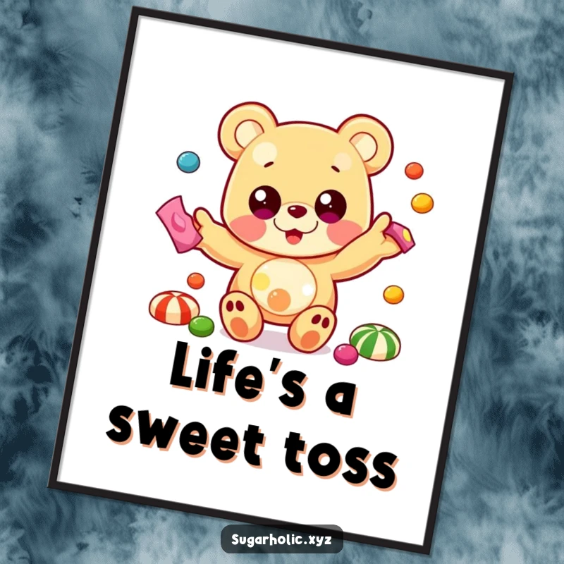 Funny poster of a beaming gummy bear with oversized eyes, skillfully juggling a vibrant array of colorful candies with glee.