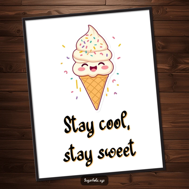 Funny joyous ice cream cone poster, with sprinkles raining down, perfect for humorous wall decor and as a gift.