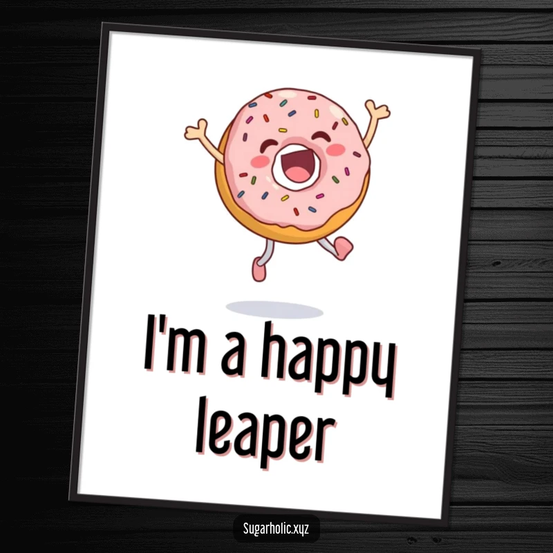 Funny jumping donut poster showing an ecstatic donut with colorful sprinkles, captured mid-joyful leap, bringing playful energy to any room.