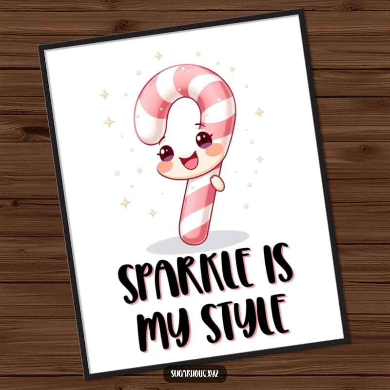 Funny poster art featuring a cheerful candy cane showering itself with sparkling sugar, festive wall decor.