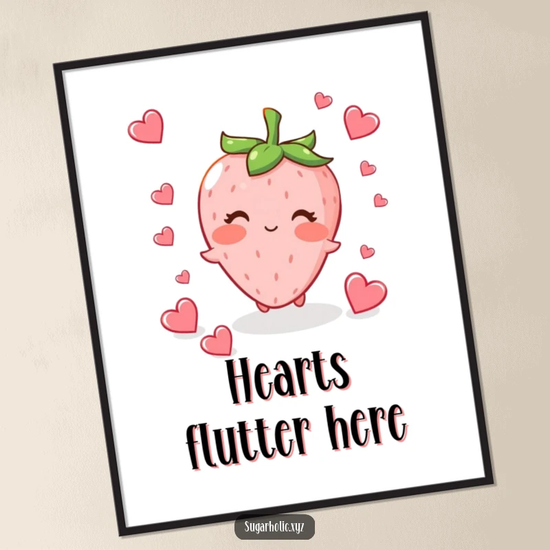 Funny blushing strawberry character fluttering tiny heart-shaped candies, creating a romantic and cute poster.