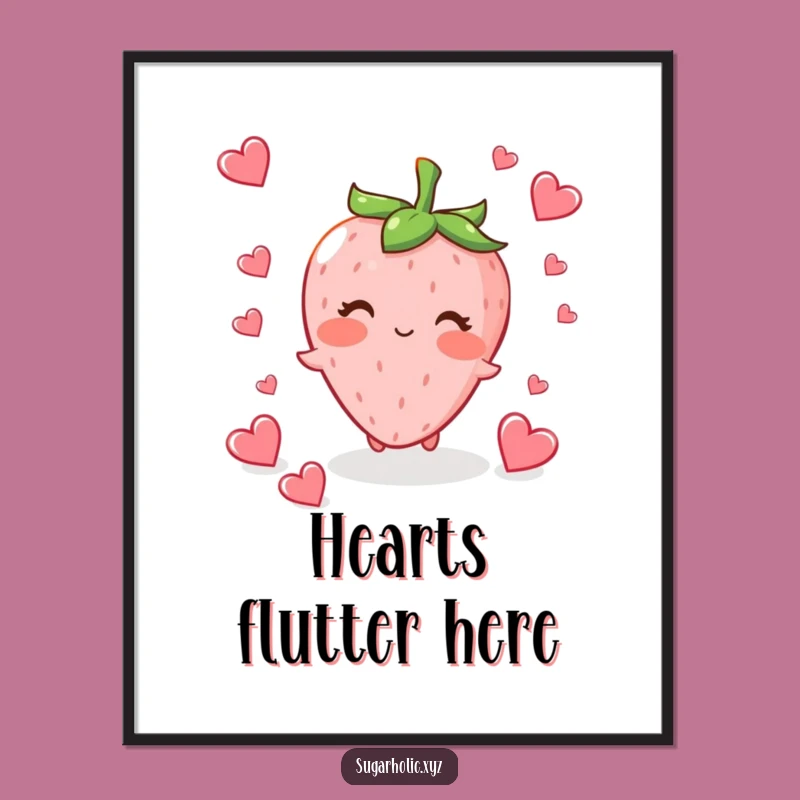 Funny Strawberry Love Art Print - Adorable Blushing Character Poster Gift
