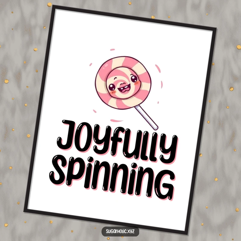 Funny poster of a gleeful lollipop character spinning rapidly, generating a mesmerizing whirlwind of sugary delight and vibrant colors.