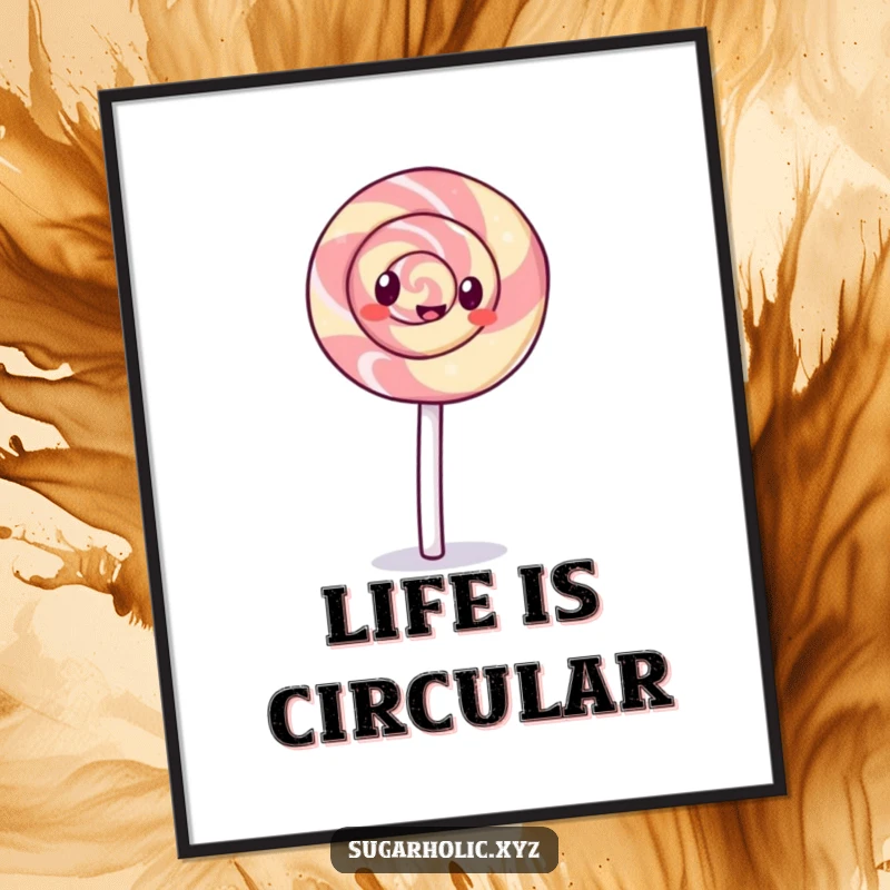 Funny giggling lollipop with a swirl pattern performing a cartwheel, depicted as vibrant wall art for a cheerful and playful atmosphere.