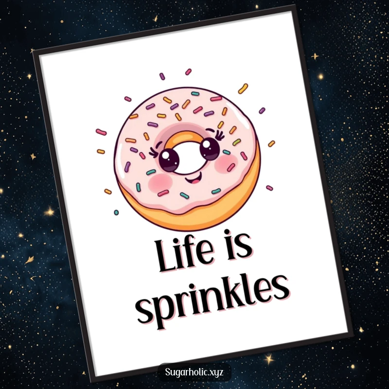 Funny Poster: Smiling donut character with a joyful explosion of colorful sprinkles, a vibrant and happy piece of art.