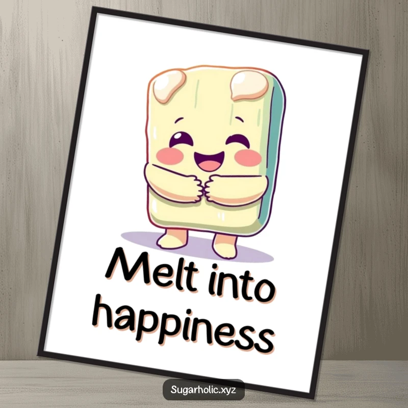 Funny poster of a happy, melting candy bar character offering a big, warm hug, radiating sweetness and positive vibes.
