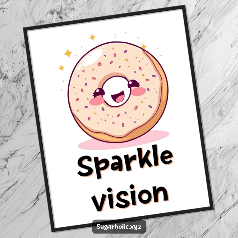 Funny sparkling donut character joyfully sprinkling glitter, displayed as vibrant wall art poster, embodying sweet magic.