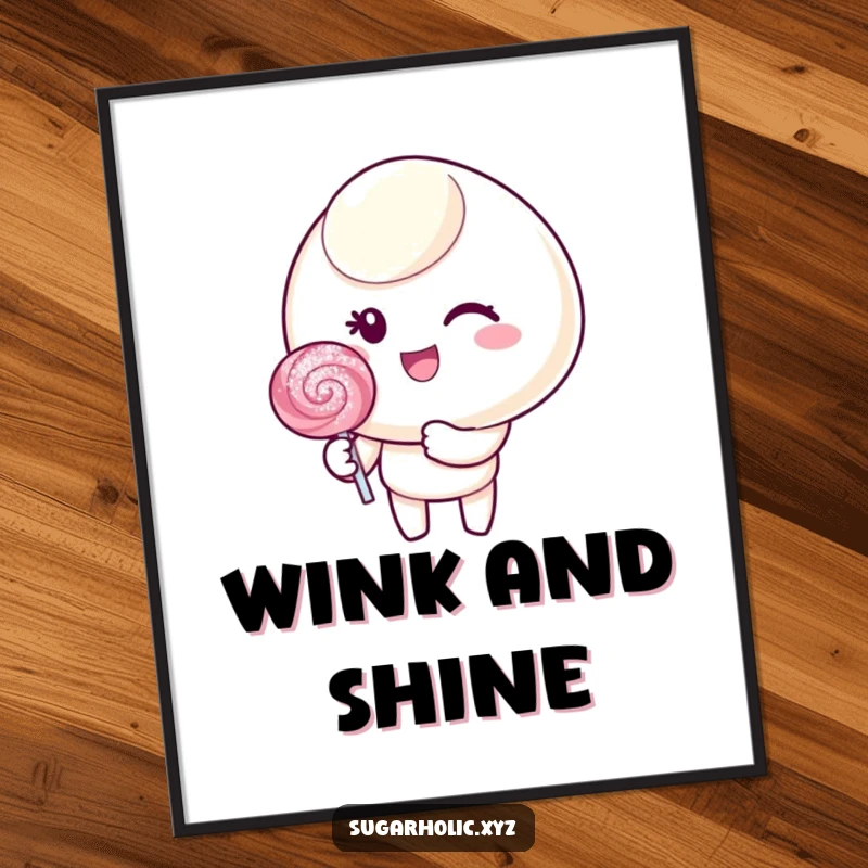 Funny poster featuring a candy character giving a cheerful wink while holding a dazzling, glittering lollipop, adding sparkle.