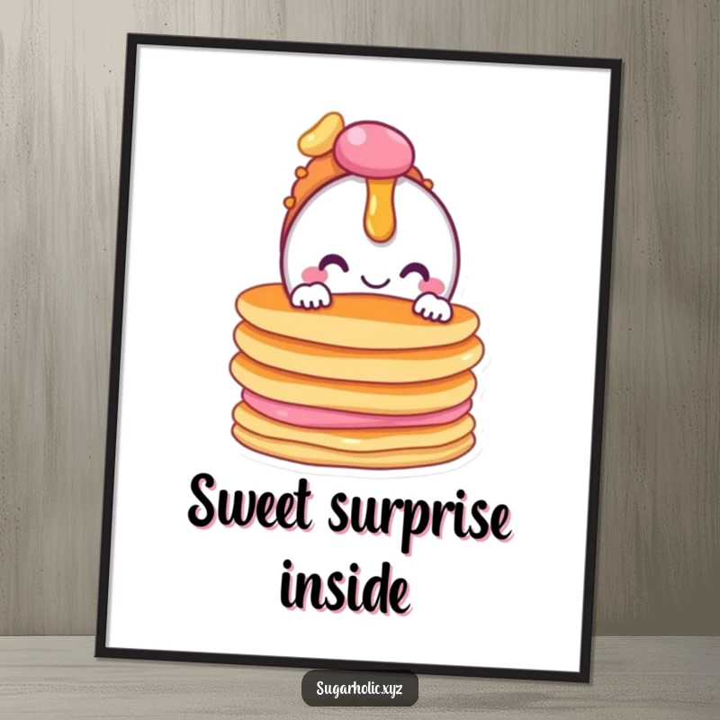 Funny poster showing a smiling candy character peeking from behind a delicious stack of pancakes, a breakfast delight.