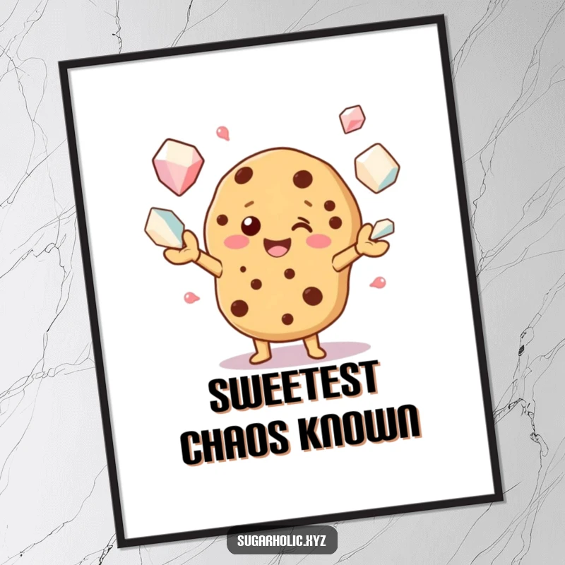 Funny poster of a beaming cookie character juggling large sugar crystals, creating a dynamic and humorous artistic statement.