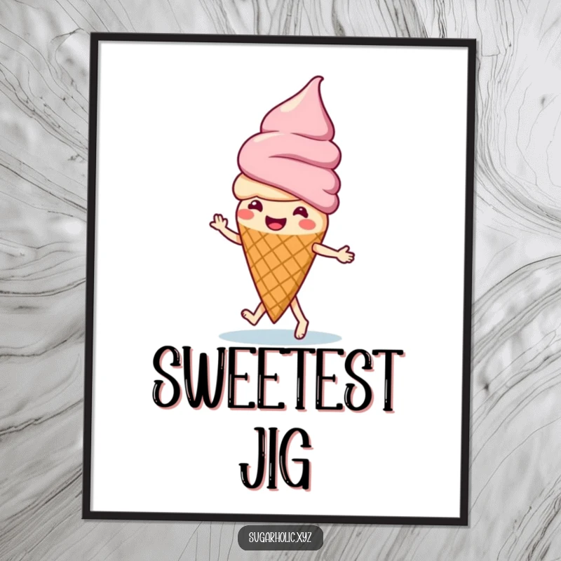 Funny ice cream cone character doing a happy jig, designed as a vibrant and humorous wall art print.