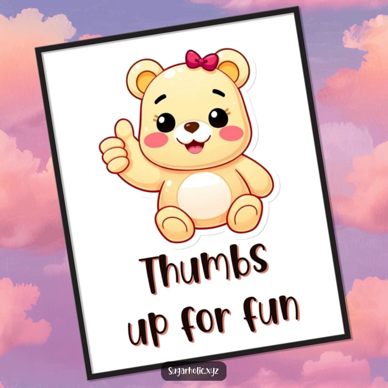 Funny poster print of a cheerful gummy bear character giving an enthusiastic thumbs up, adding a touch of playful motivation and positive vibes to decor.