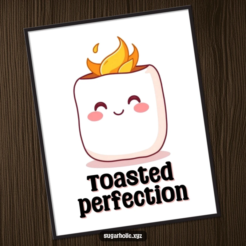 Funny Poster: A cheerful marshmallow with a rosy blush being toasted, bringing warmth, cuteness, and cozy vibes.