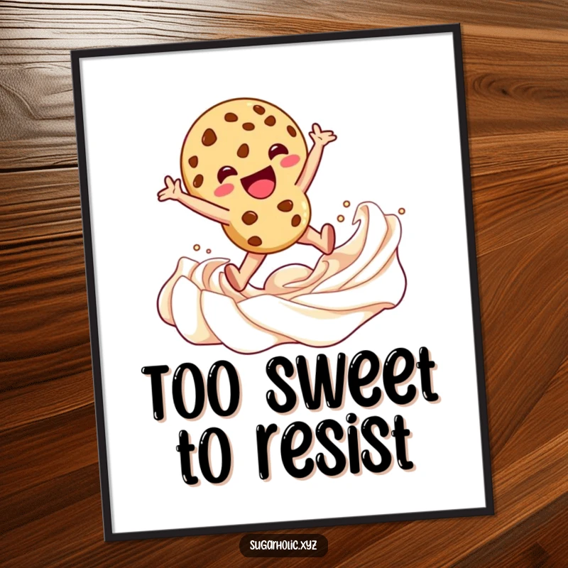 Funny Poster capturing a cookie character joyfully leaping into a creamy swirl of frosting, celebrating indulgence and sweet delight.