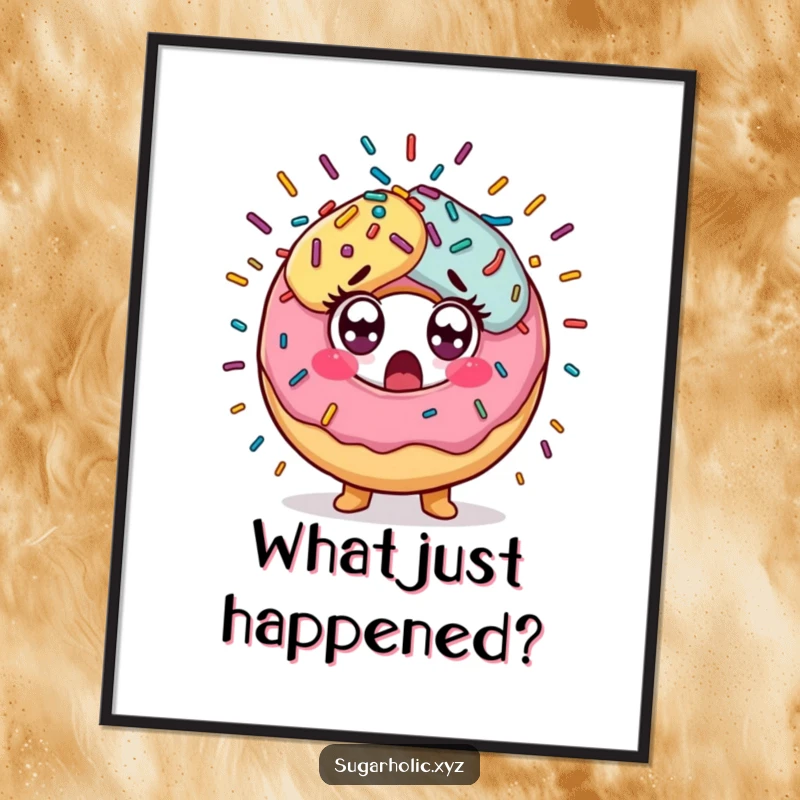 Funny Poster of a surprised donut character with wide eyes, caught in a spectacular explosion of colorful sprinkles, adding cheer.