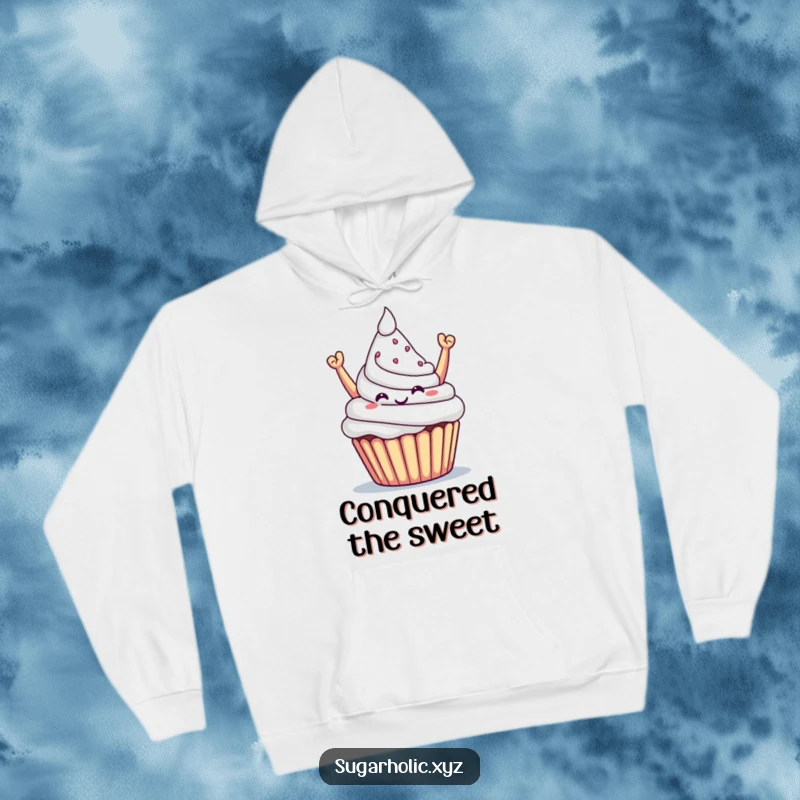 Funny hoodie featuring a triumphant cupcake offering a sugary mountain, symbolizing sweet victory.