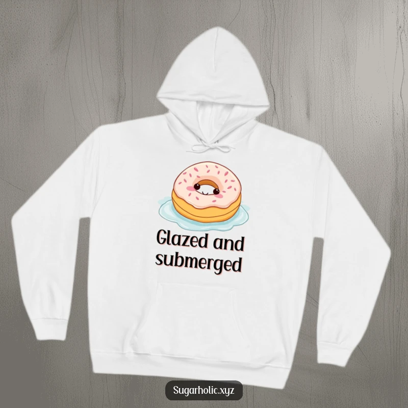 Funny hoodie depicting a happy donut character luxuriating in a vast pool of sweet frosting, exuding pure comfort and joy.