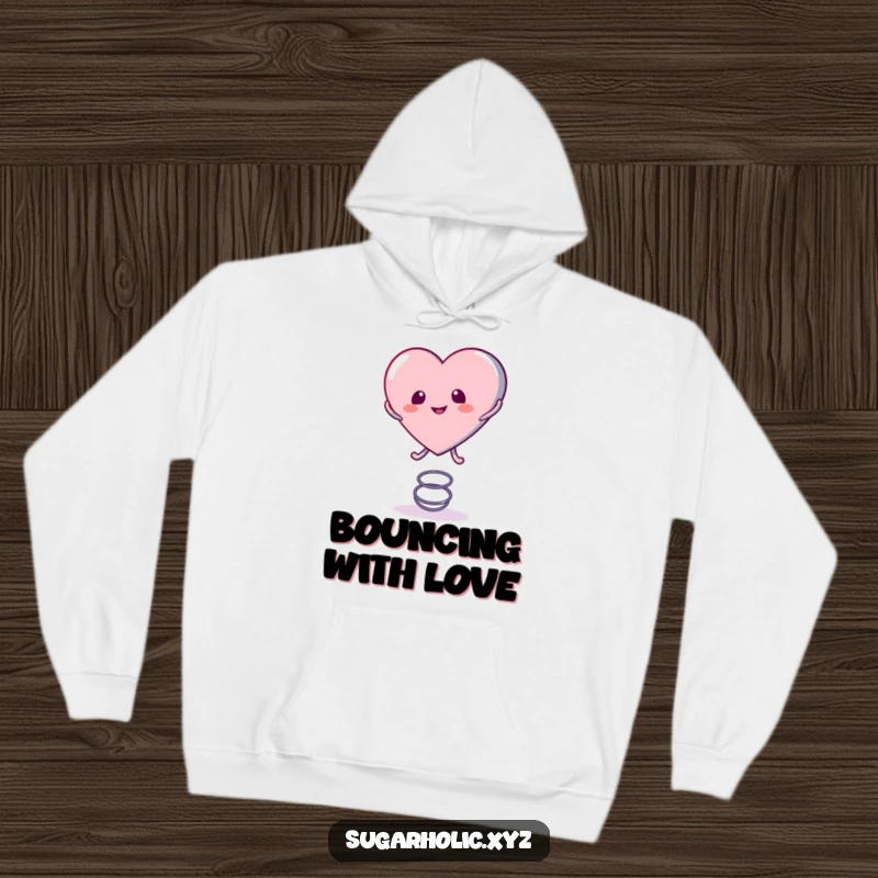 Funny Hoodie depicting a cute candy heart character bouncing on a spring, embodying sweet comfort and infectious playfulness.