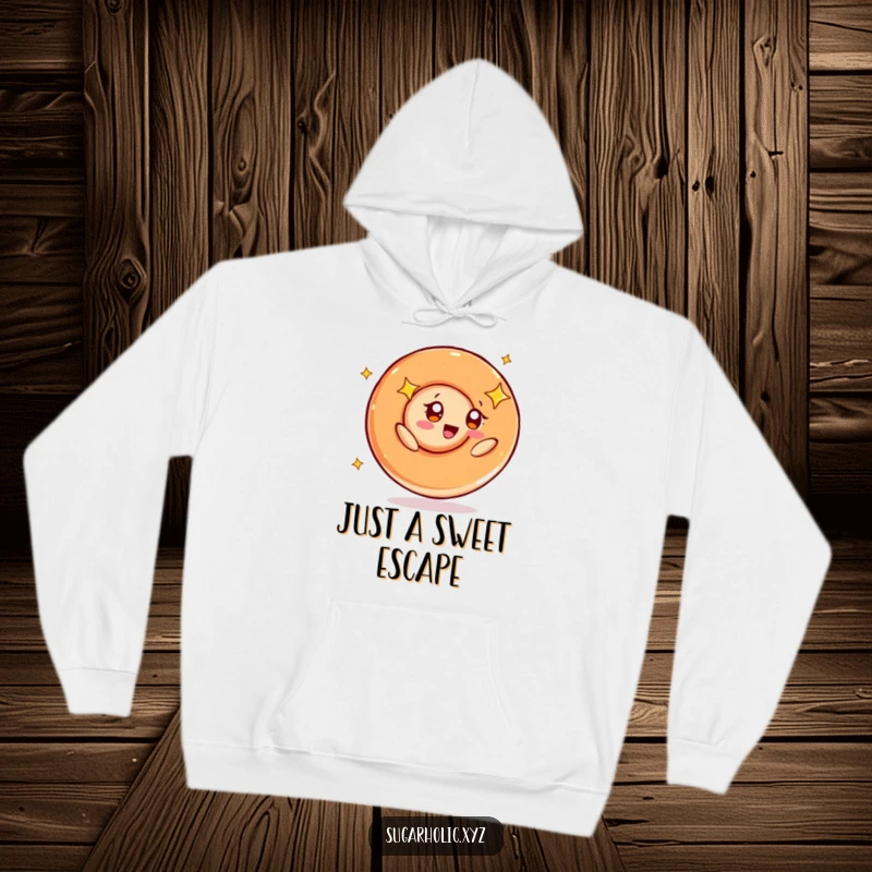 Funny hoodie depicting a cheerful caramel swirl character with wide, starry eyes, mid-spin, radiating happiness and warmth.
