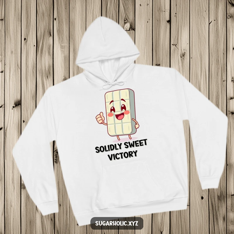 Funny hoodie with a smiling chocolate bar character in mid-fist pump, ready to celebrate any win with enthusiasm.