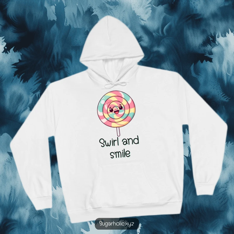 Funny hoodie design featuring a happy lollipop with a swirling pattern spinning, symbolizing sweet moments and cheerful vibes.