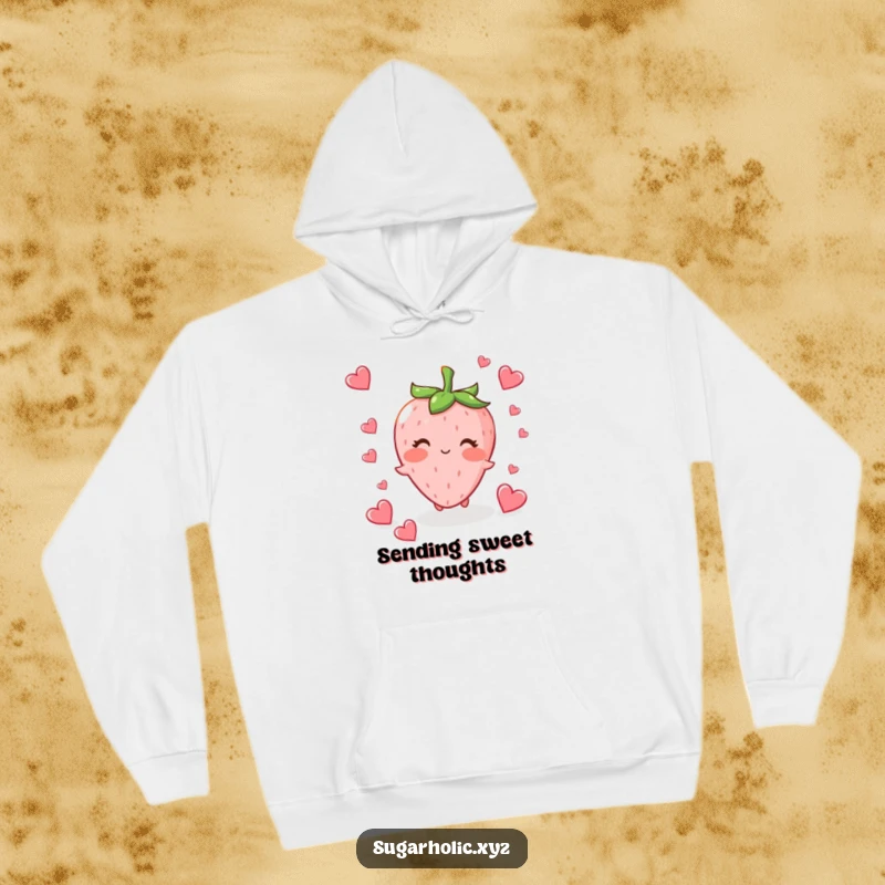 Funny blushing strawberry character fluttering tiny heart-shaped candies, creating a heartwarming and cozy hoodie design.