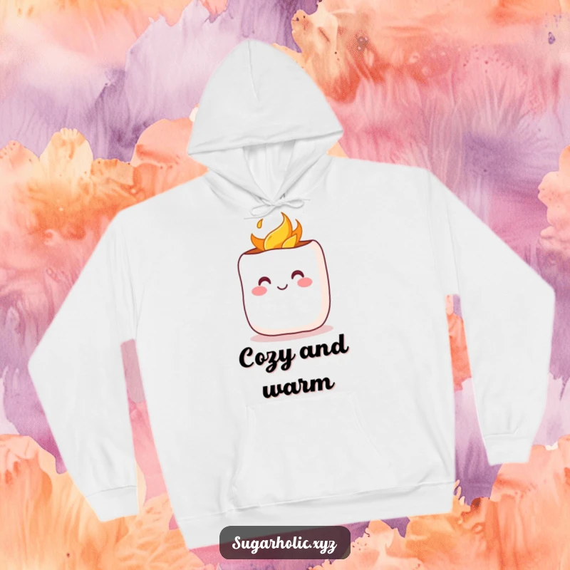Funny Hoodie: A cheerful marshmallow with a rosy blush being toasted, offering cozy comfort and a sweet, warm design.