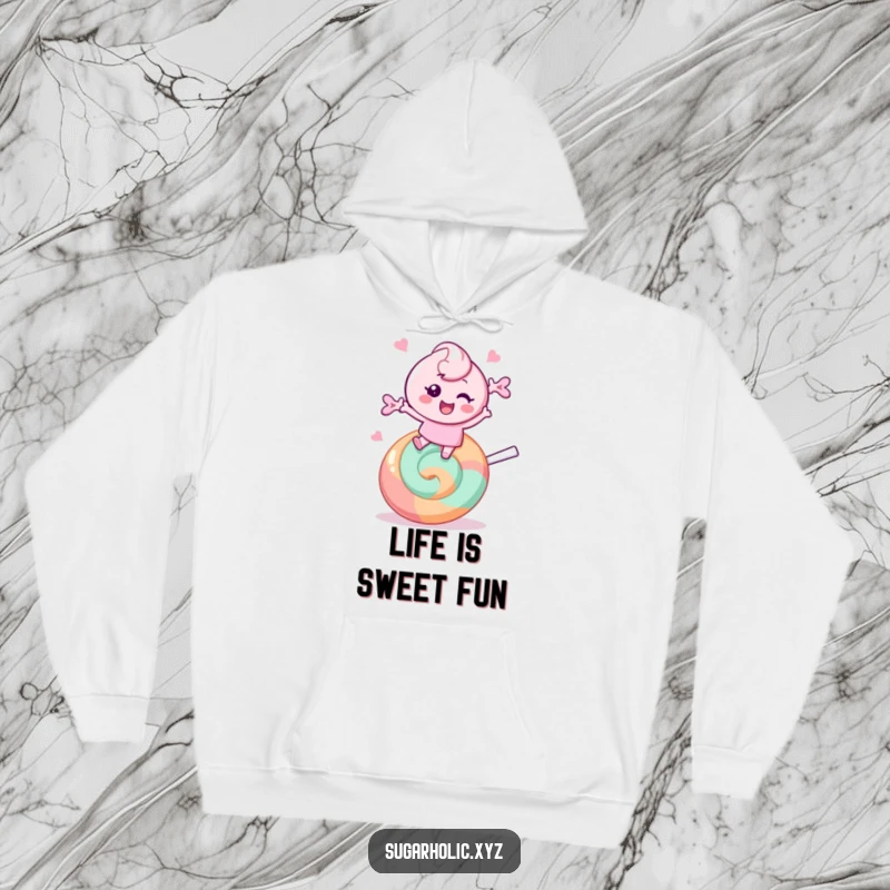 Funny Hoodie: Cheerful candy character bounces energetically on a giant lollipop, offering cozy fun and sweet vibes.