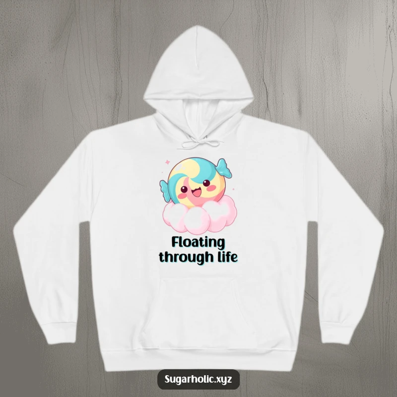 Funny delighted candy hoodie, floating on a sugar cloud, a cozy and humorous gift for sweet treat enthusiasts.