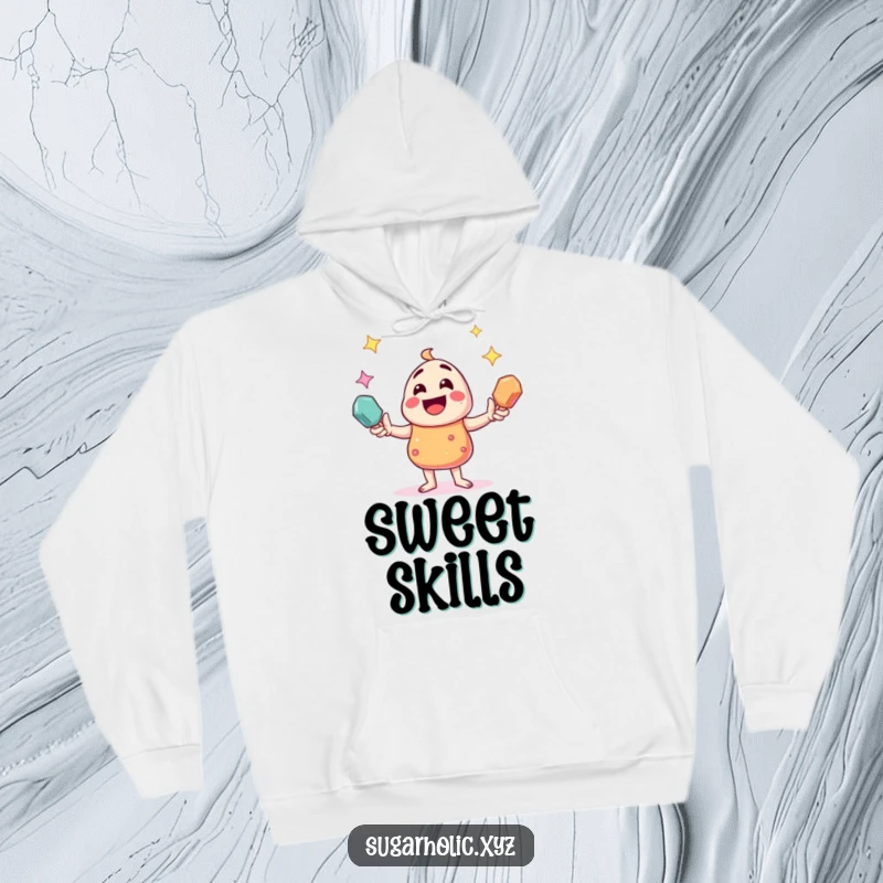 Funny joyful candy character juggling sparkling rock candies, featured on a warm, comfortable hoodie for humorous style.