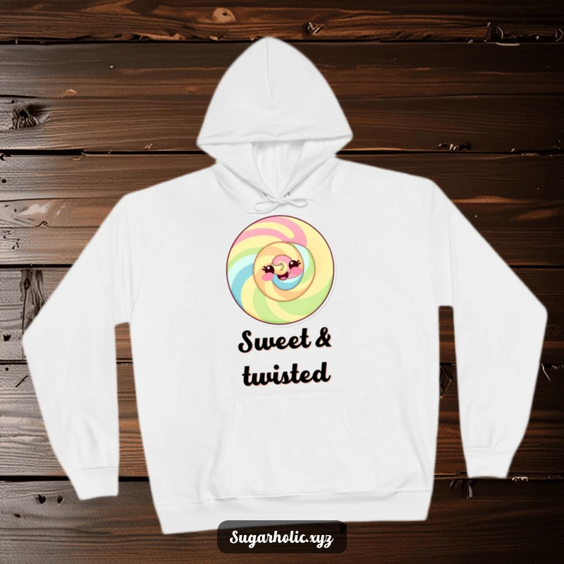 Funny hoodie featuring a delighted candy swirl with a playful smile, offering cozy comfort and cheerful vibes.