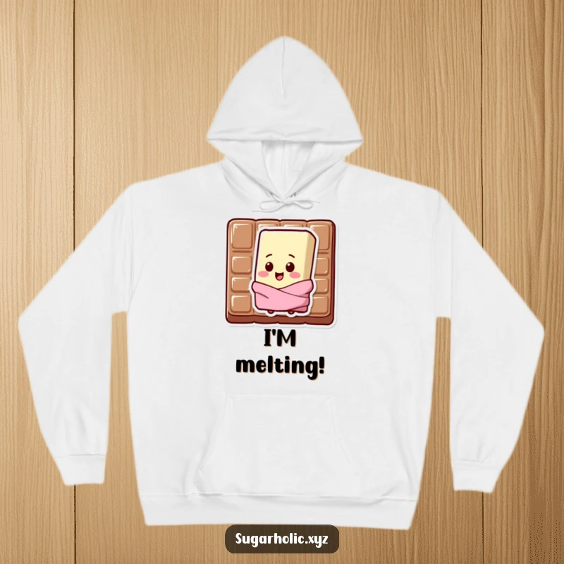 Funny Hoodie graphic of a sweating chocolate bar character with a happy chip on its shoulder.