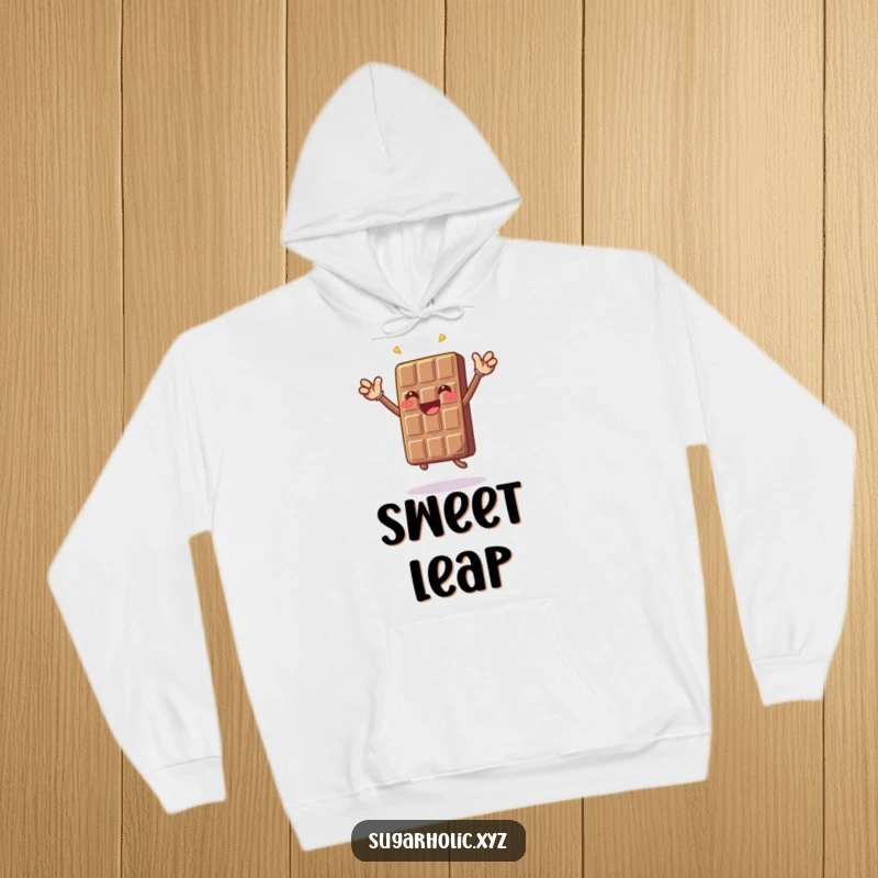 Funny happy chocolate bar character doing a celebratory jump, featured on a warm, comfortable hoodie for humorous style.