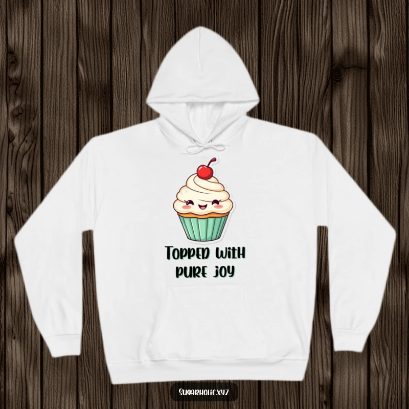 Funny hoodie featuring a cheerful cupcake with a cherry, in a happy cheering pose.