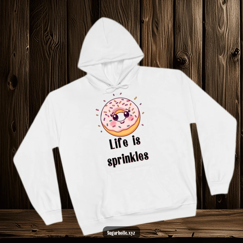 Funny Hoodie: Smiling donut character with a vibrant explosion of sprinkles, offering cozy fun and sweet vibes.