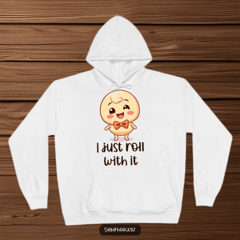 Funny, giggling caramel candy wearing a bow tie, captured rolling with mirth on a warm and cozy hoodie.