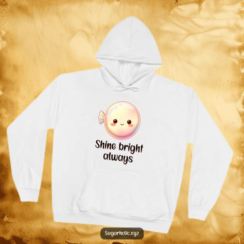 Funny hoodie featuring a beaming hard candy with a shimmering surface, offering cozy and bright vibes.