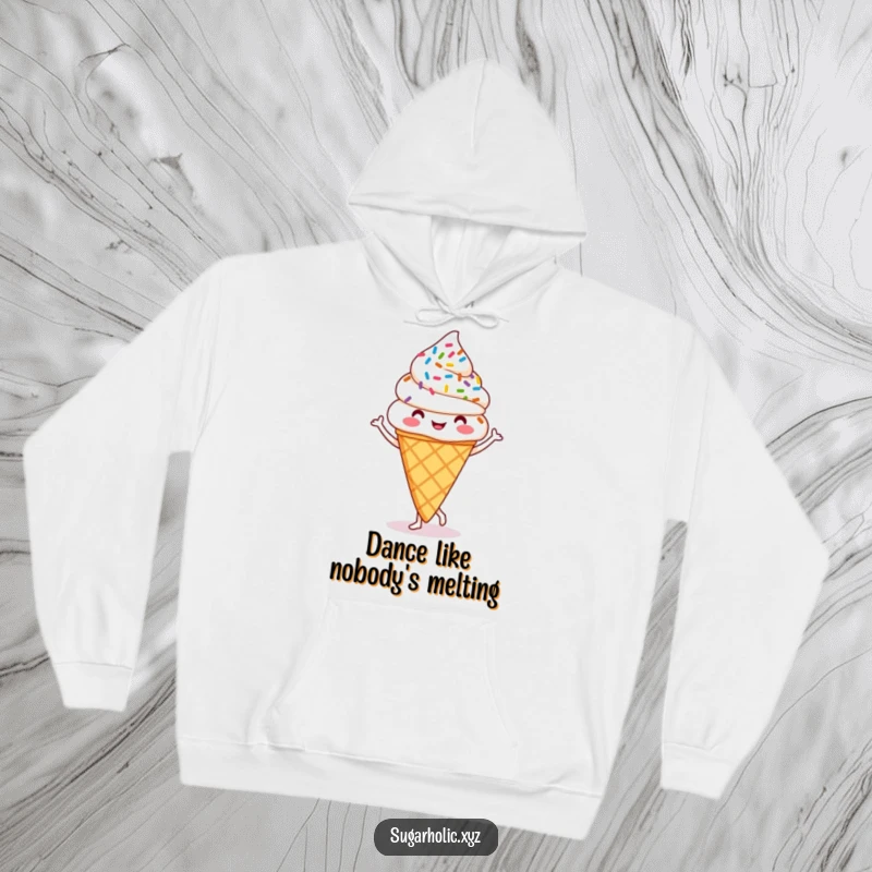 Funny ice cream cone hoodie showing a happy cone with sprinkles doing a lively jig, perfect for spreading smiles.