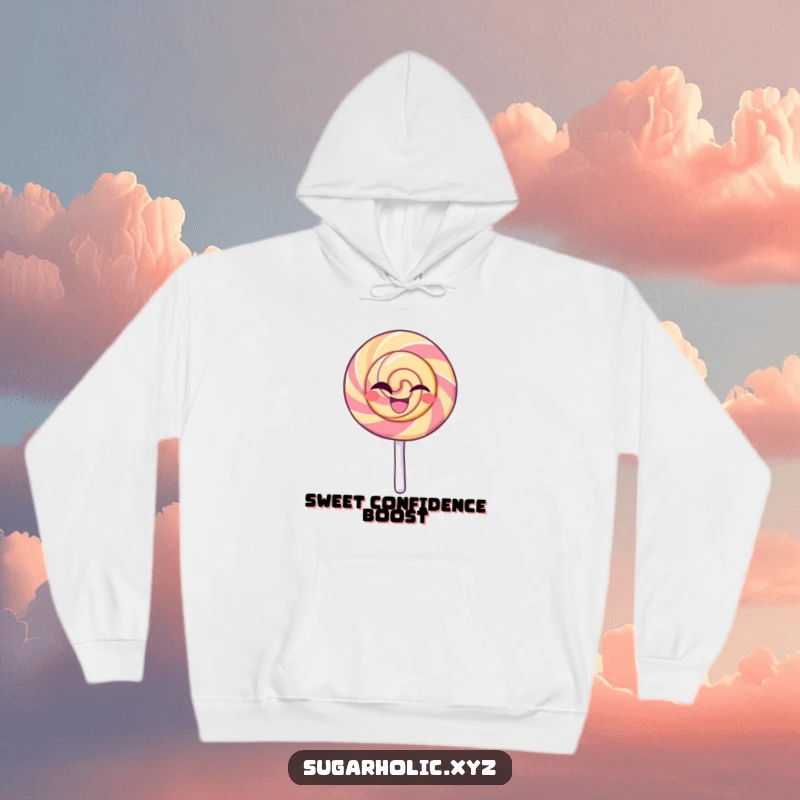 Funny hoodie adorned with a beaming lollipop character giving a confident wink, offering warmth and a touch of playful sweetness.