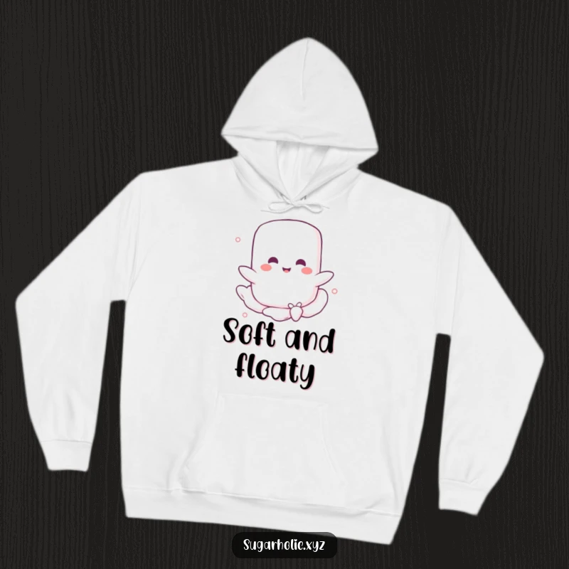 Funny hoodie with a smiling marshmallow character joyfully floating on a whimsical sugary breeze, conveying a sense of effortless fun and sweet contentment.