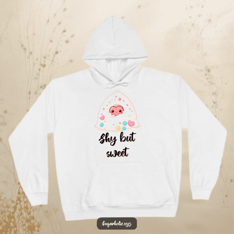 Funny hoodie depicting a shy candy heart character peeking out from behind a large pile of sugar.
