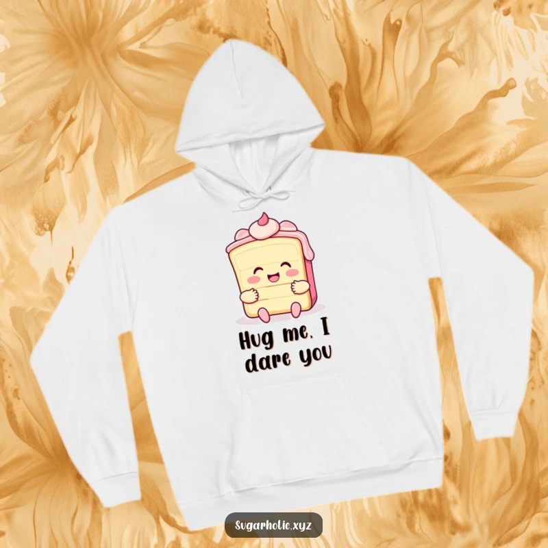 Funny hoodie showcasing a smiling cake slice with frosting giving a big hug, perfect for cozy, sweet vibes.