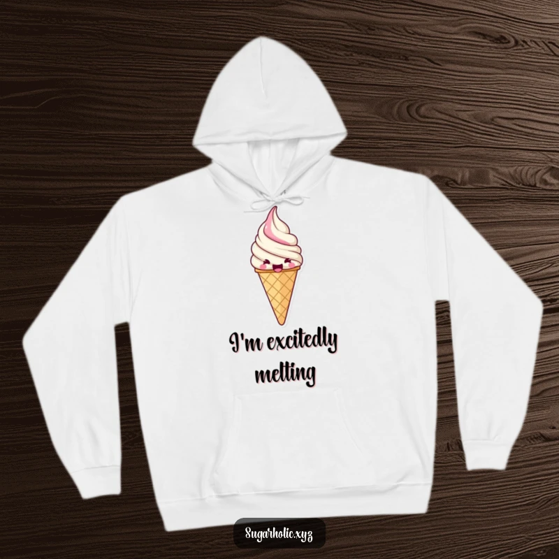 Funny jubilant ice cream hoodie showcasing an ice cream cone with a swirl of pure excitement, offering cozy comfort with a sweet, joyful design.
