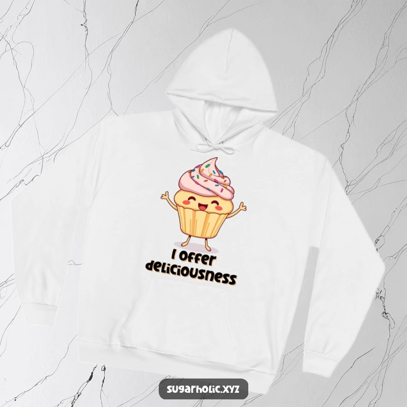 Funny Cupcake Hoodie: A happy, sprinkled cupcake bounces and offers a bite, offering warmth and humor in this cozy design.