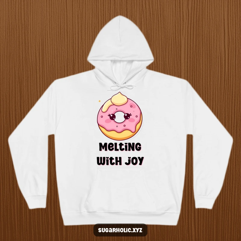 Funny Hoodie depicting a beaming donut character with slightly melting frosting, embodying sweet comfort and playful indulgence.