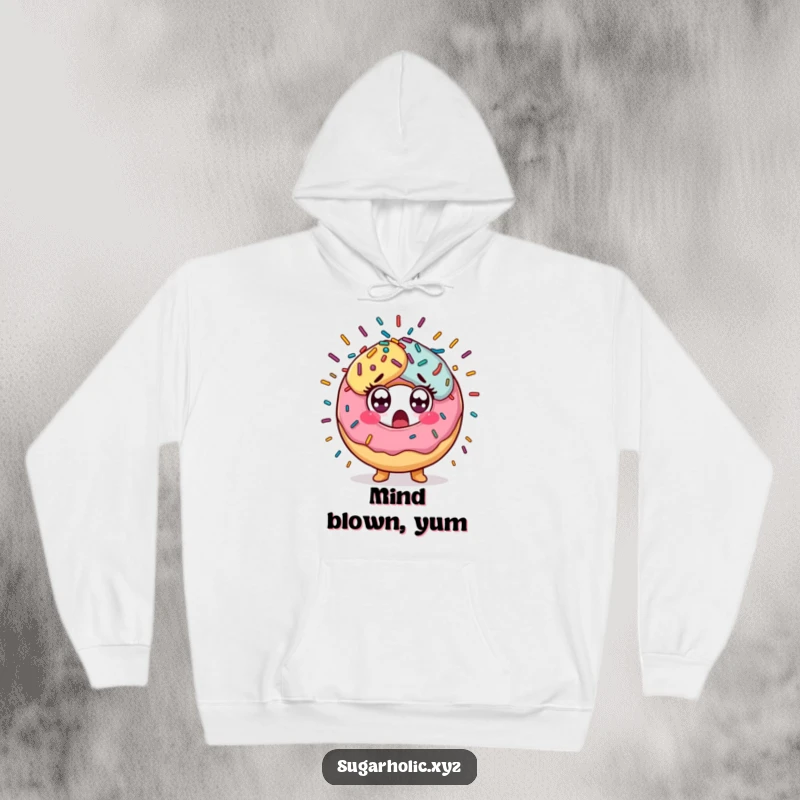 Funny Hoodie showing a surprised donut character overwhelmed by a delightful explosion of colorful sprinkles, perfect for cozying up.