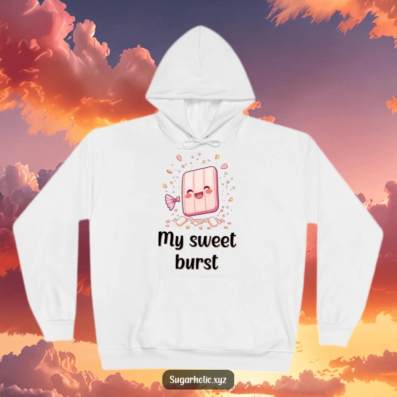 Funny whimsical candy bar shattering into sparkling sugar particles on a hoodie, offering a cozy and dazzling vibe.