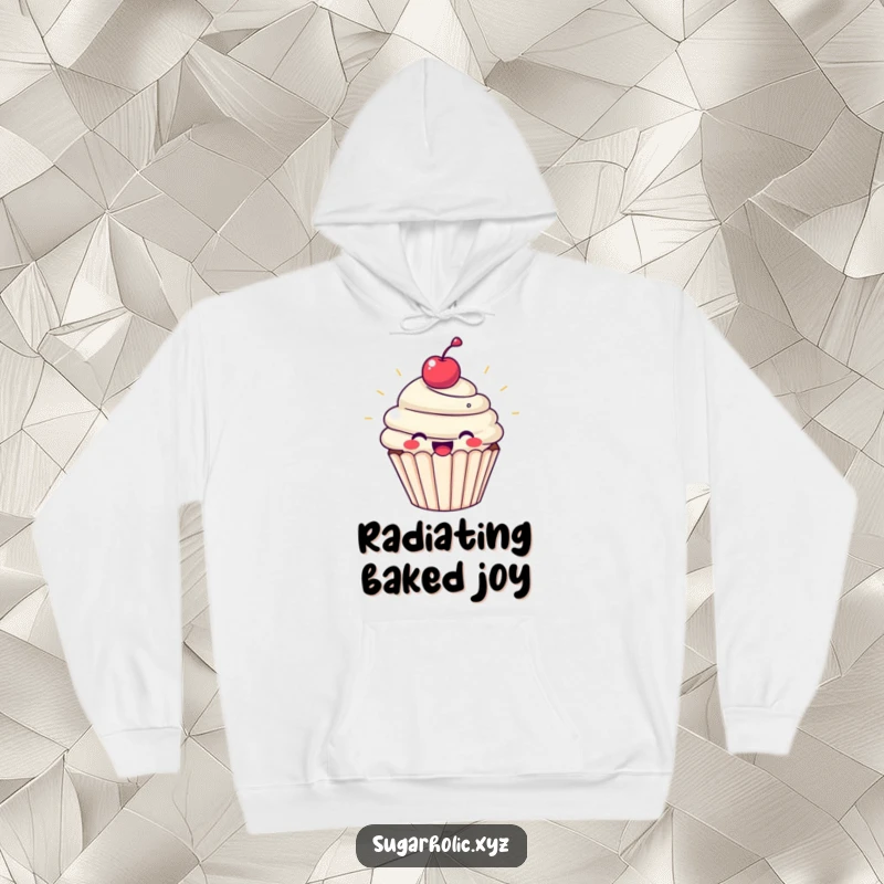 Funny cupcake hoodie with a beaming cupcake character, radiating pure joy and happiness. Soft and cozy design for sweet comfort.