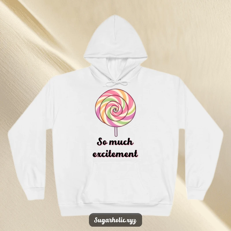 Funny lollipop hoodie with a swirling pattern, spinning with excitement, cozy and energetic, great funny gift.
